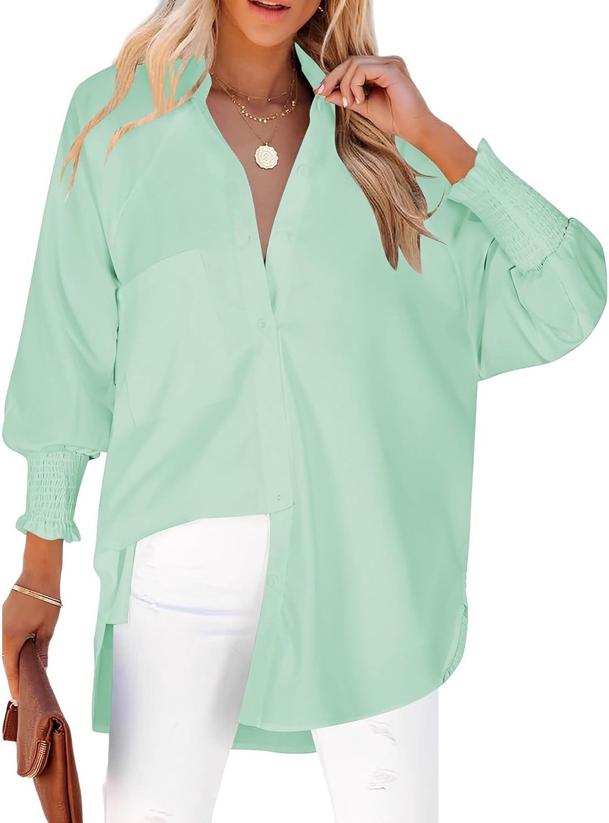 Blouse dames elegante V-hals lange mouwen knopen blouse dames gestreepte borstzak bovenstuk