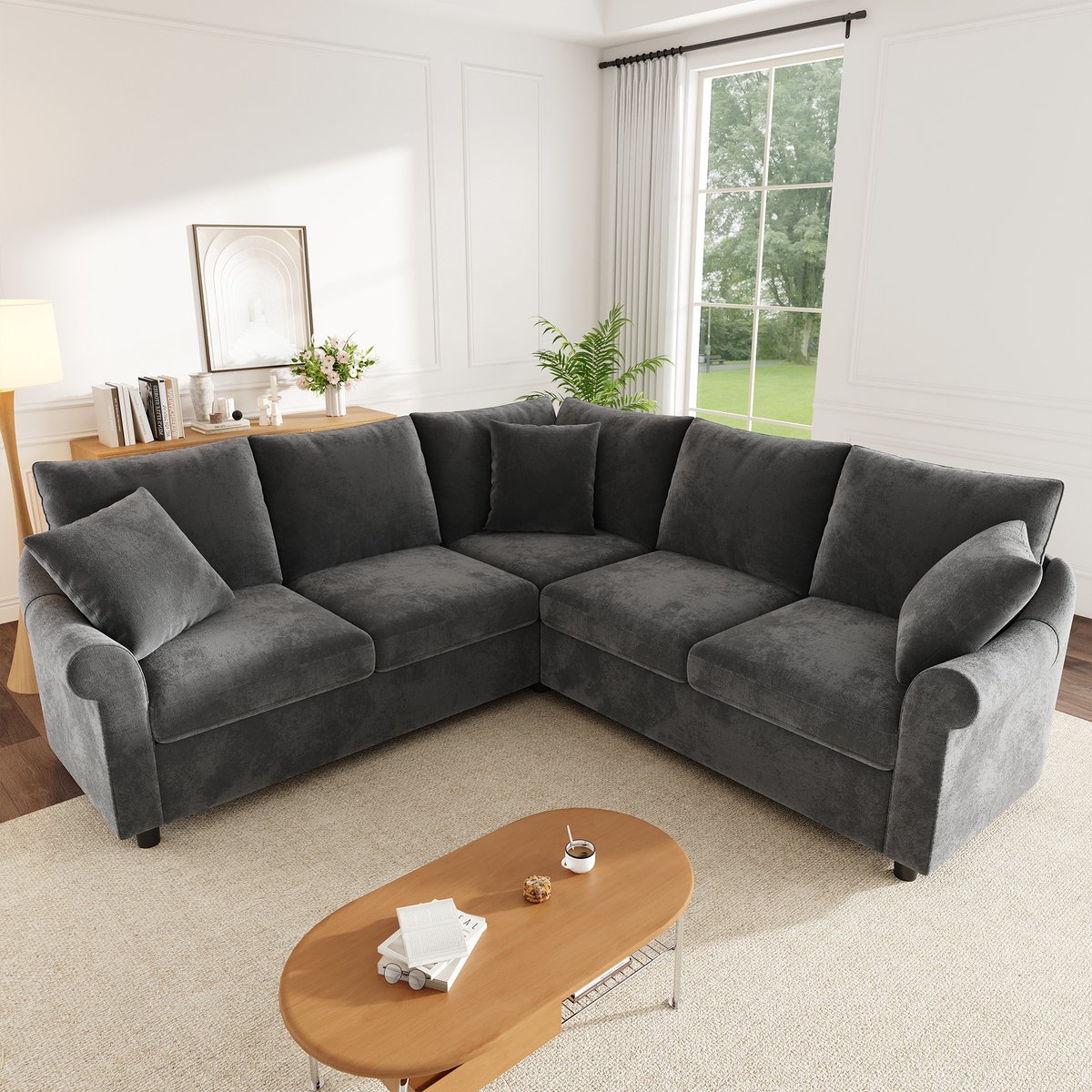 Zubaliya Moderne Hoekbank, L-Bank, 4-Zits Bank, L-vormige hoekbank van chenillestof, 5-zits bank voor woonkamer, 217x217x83cm, Grijs