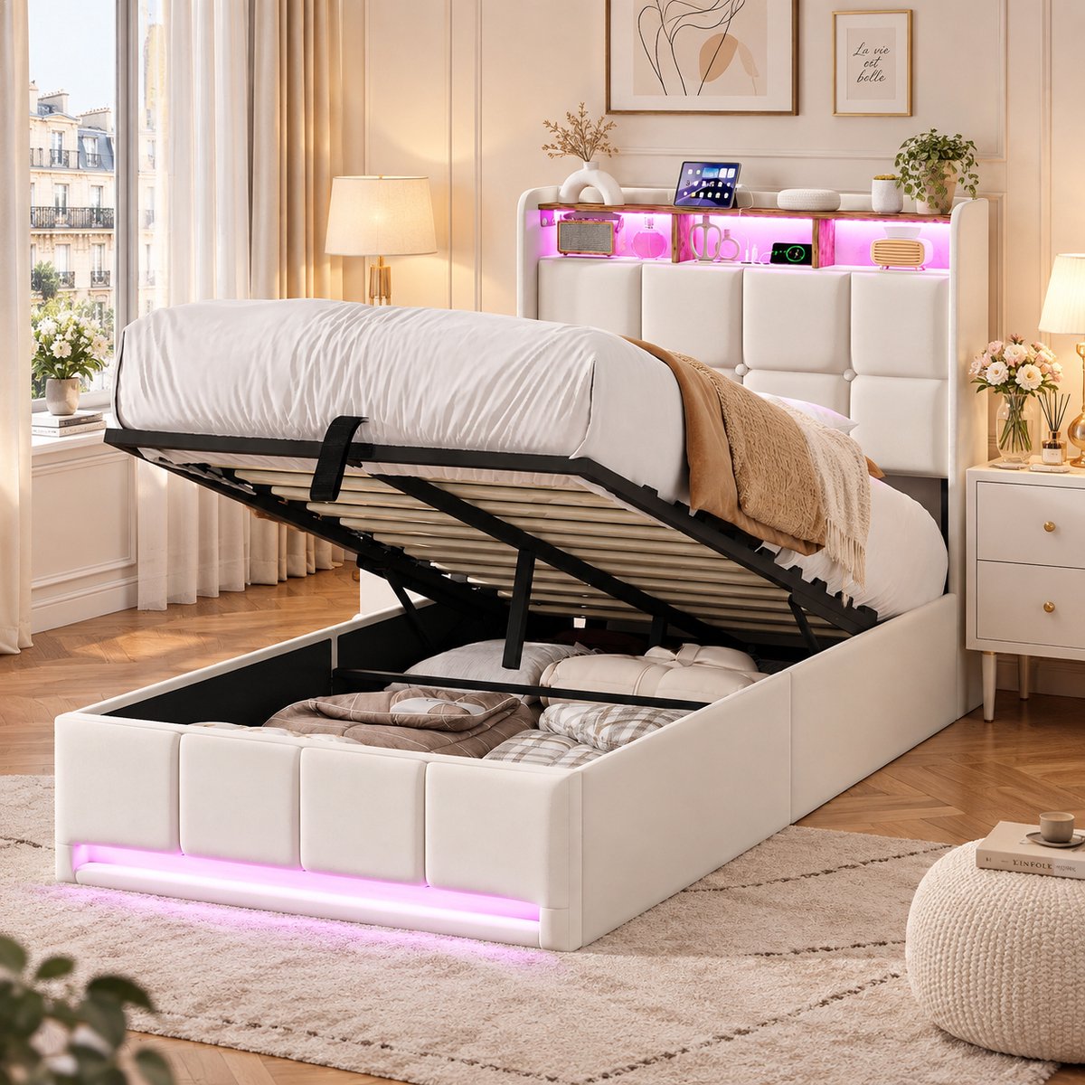 MEXUS Opbergbed 90x200 cm, Tweepersoonsbed met ledverlichting en USB-poorten, Bedframe met gestoffeerd hoofdbord en opbergruimte, houten lattenbodem, linnen Beige