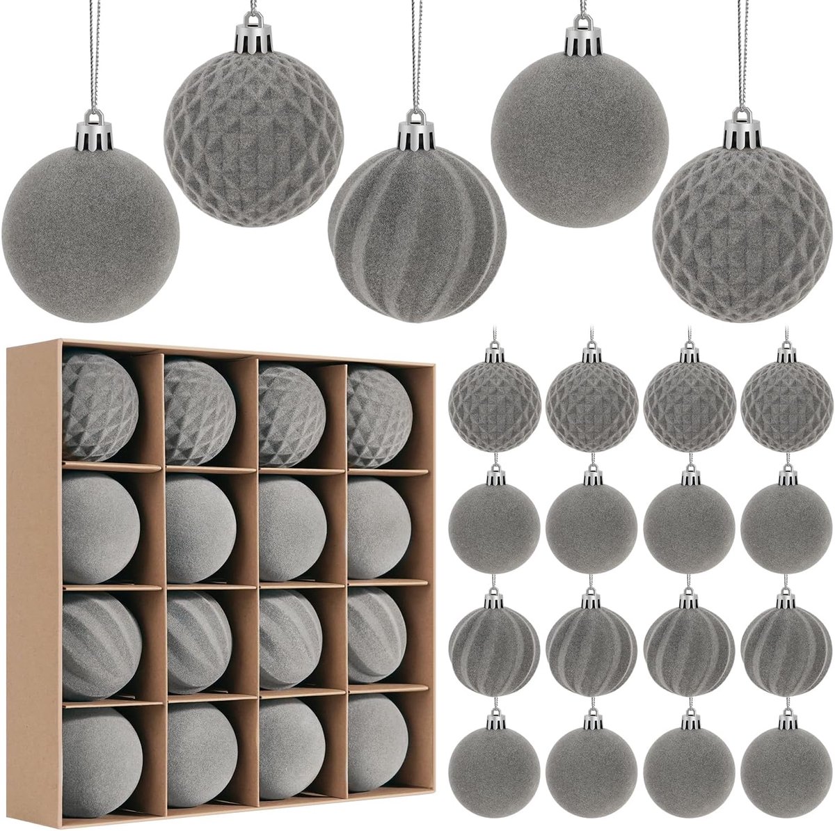 Kerstballen hangende ornamenten set, vooraf bevestigde onbreekbare plastic gevlokte kerstballen kerstdecoraties festival vakantie feest decor (grijs, 6 cm)