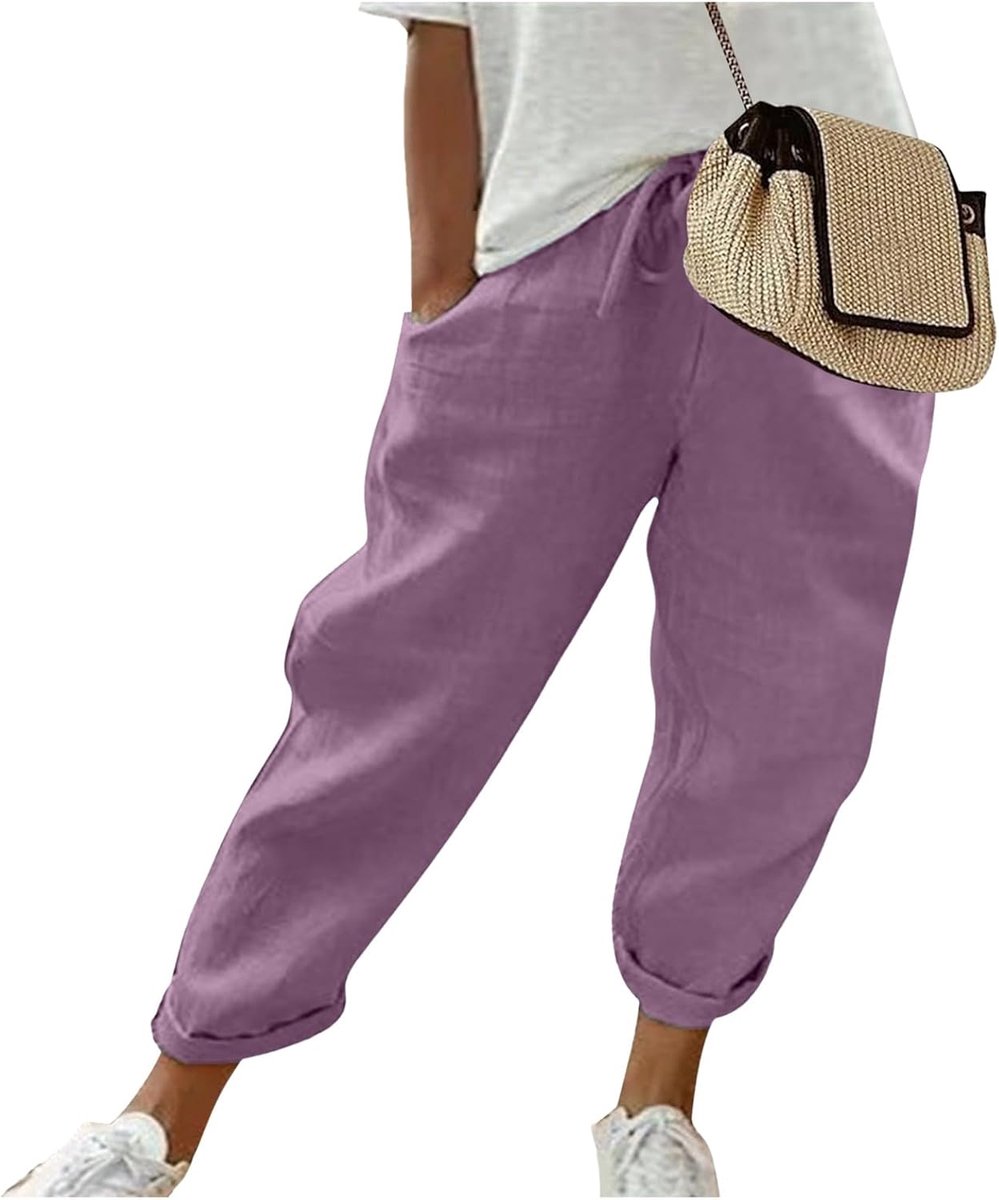 Linen damesbroek, zomer, knie lang, elastisch, hoge taille, blauw, casual