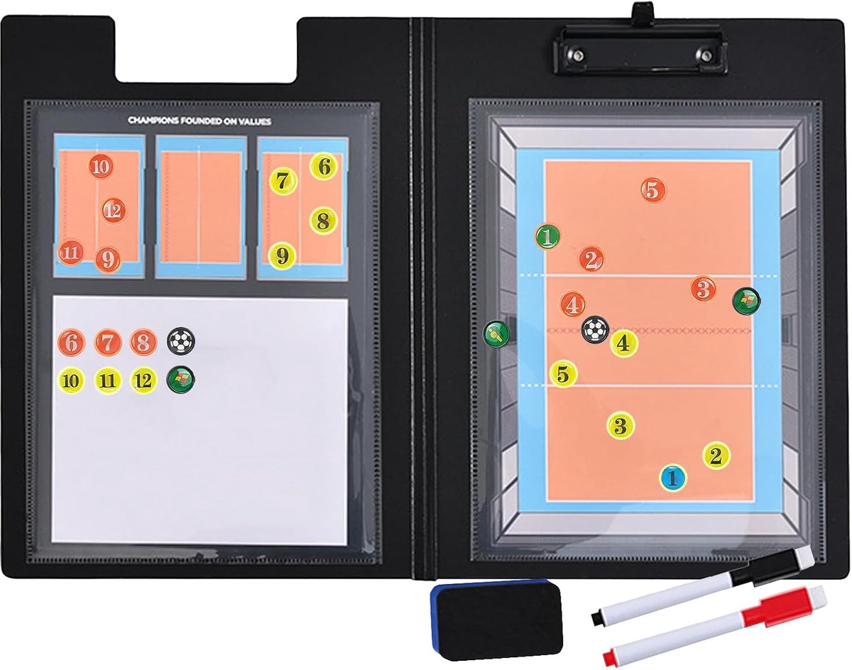 Coach bord: uw draagbare tactische commandocentrum. Dubbelzijdig, duurzaam whiteboardoppervlak, inclusief alle accessoires voor effectieve strategiesessies, georganiseerde trainingen