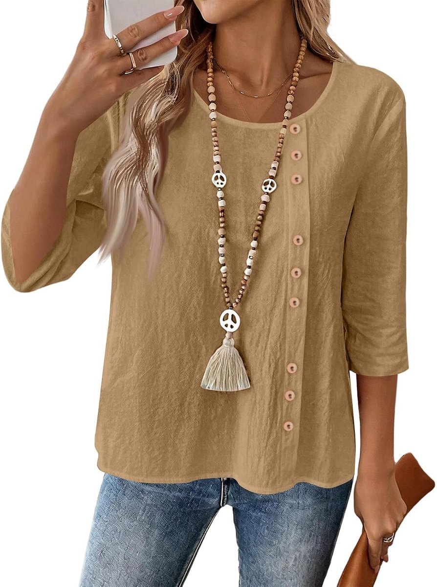 Losse katoenen blouse met 3/4 mouwen en V-hals