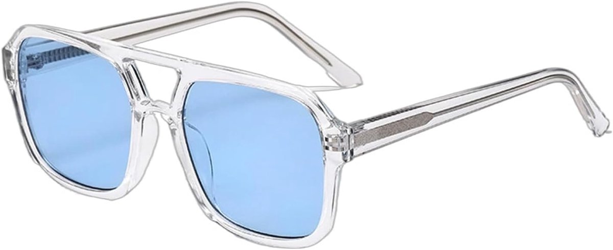 Zonnebrillen voor dames en heren, UV400-zonnebrillen met blauwe glazen, transparant PC-montuur, dubbele brug pilotenzonnebrillen voor autorijden, fietsen, reizen, streetwear en dagelijks gebruik.
