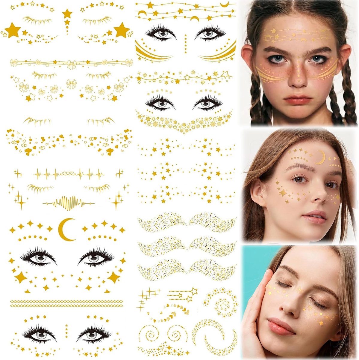 11 vellen gezichtstattoo carnaval, goud, tijdelijke tatoeages, glitterstickers, waterdicht, festival, gezicht, maan, sterren, gouden glitter, gezichtstattoo voor carnaval, Halloween, cosplay party