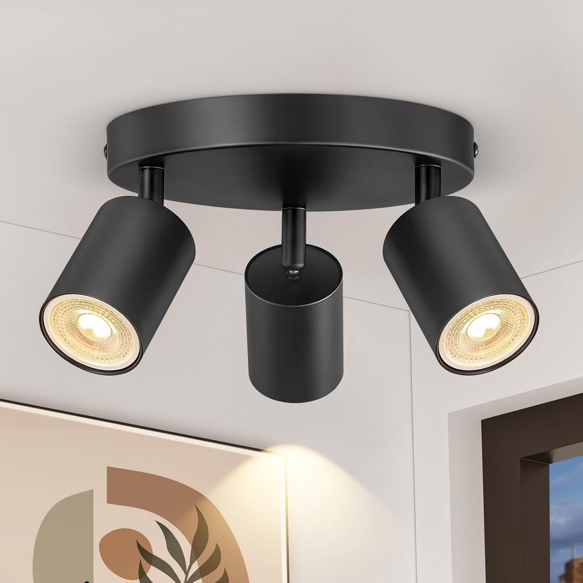 Plafondspot, 3 vlammen, rond, GU10 plafondlamp, draaibaar, led-plafondlamp, wandspot, zwart, spotlight, plafondspots voor woonkamer, hal, keuken, slaapkamer (zonder lamp)