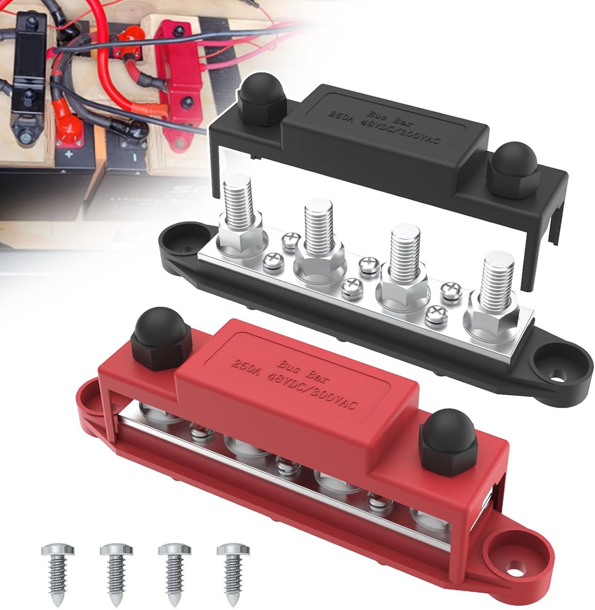 Busbar, 250 A, 12 V, stroomverdelingsblok met 1 cm (M10), 4-palen klemmenblok met afdekking voor auto, marine, batterijsysteem (zwart en rood)
