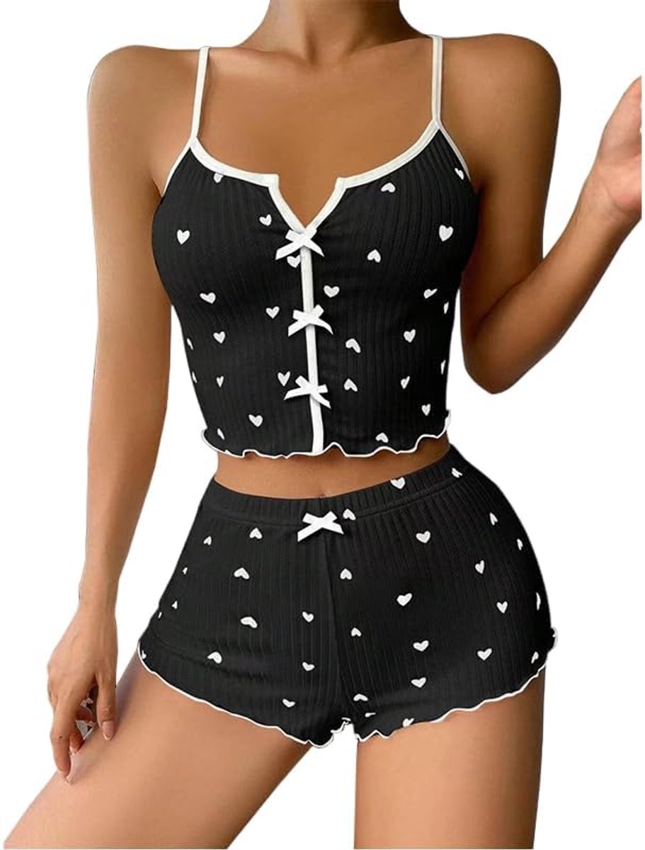 Shorts, set zomer, mouwloos, tanktop en shorts, zachte katoenen pyjamasets met hartprint, elegante crop top, nachtkleding met trekkoord, hemdje, loungewear, nachtkleding