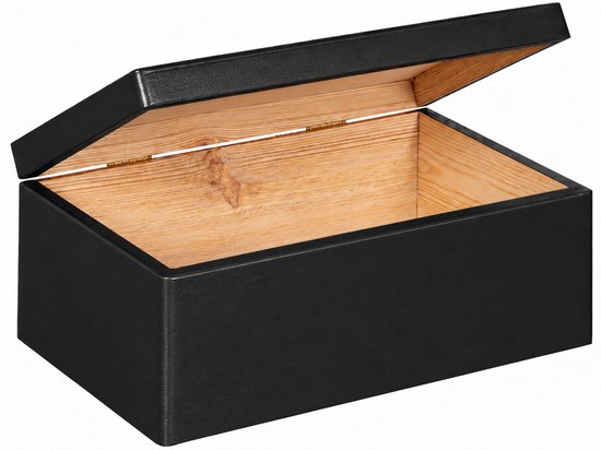 Zwart houten kistje met open klepdeksel, met zichtbare houten binnenkant