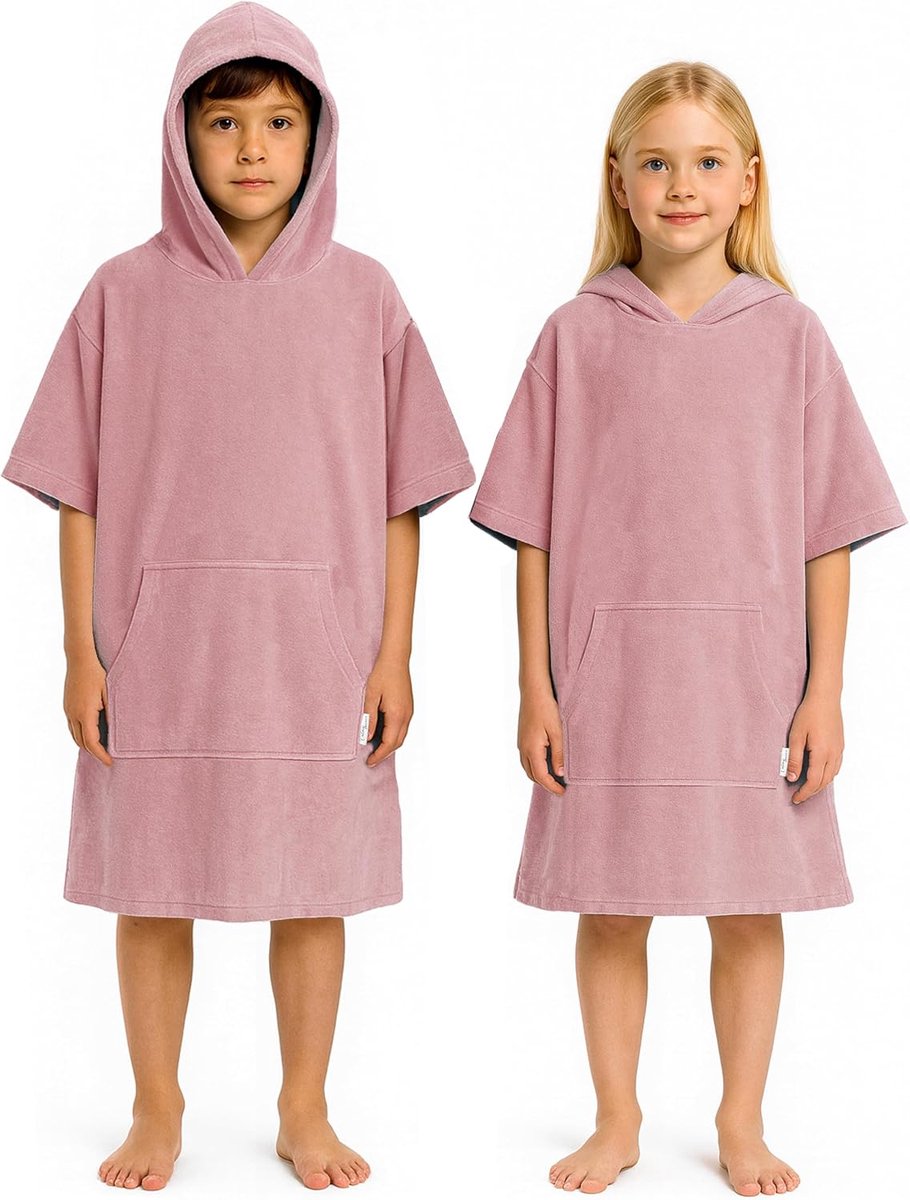 Badponcho voor kinderen, meisjes en jongens, katoenen poncho, handdoek, badhanddoek, badhanddoek, surfponcho, strandponcho, capuchonhanddoek, 3-5 jaar, oudroze