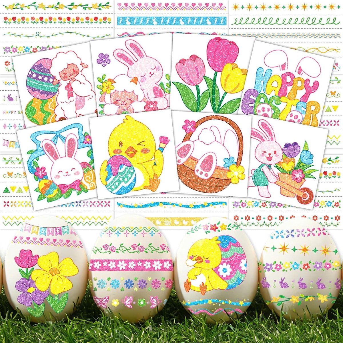 Paasei-decoratie-tatoeages, 16 vellen 88 stuks tijdelijke tatoeages voor paaseieren, zelfklevende decoratieve stickers & kindertatoeages