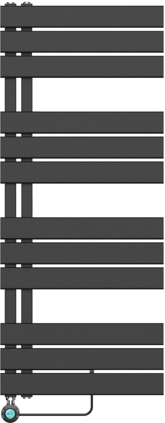 Matzwarte elektrische designradiator, 1200mm hoog, met 5 brede horizontale buizen en een linksaansluiting.