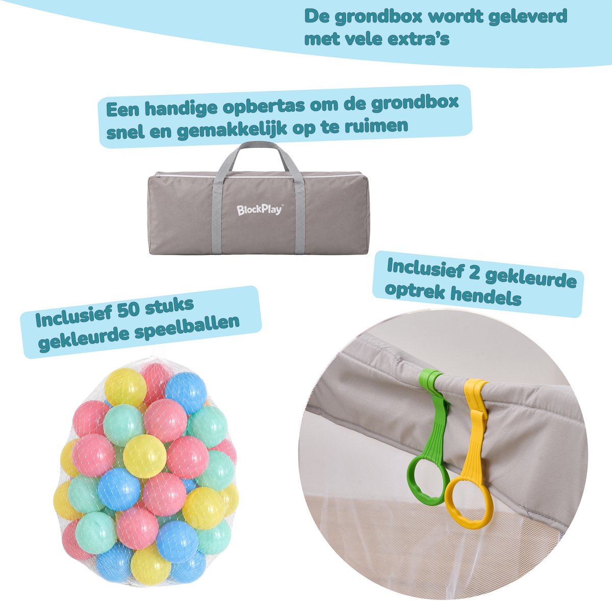 BlockPlay® Grondbox inklapbaar Baby 127x127 cm - Speelbox - Playpen - Kinderbox – Kruipbox – Ballenbak - Inclusief speelmat 50 speelballen draagtas en 2 optrek hendels – Grijs – foto 5