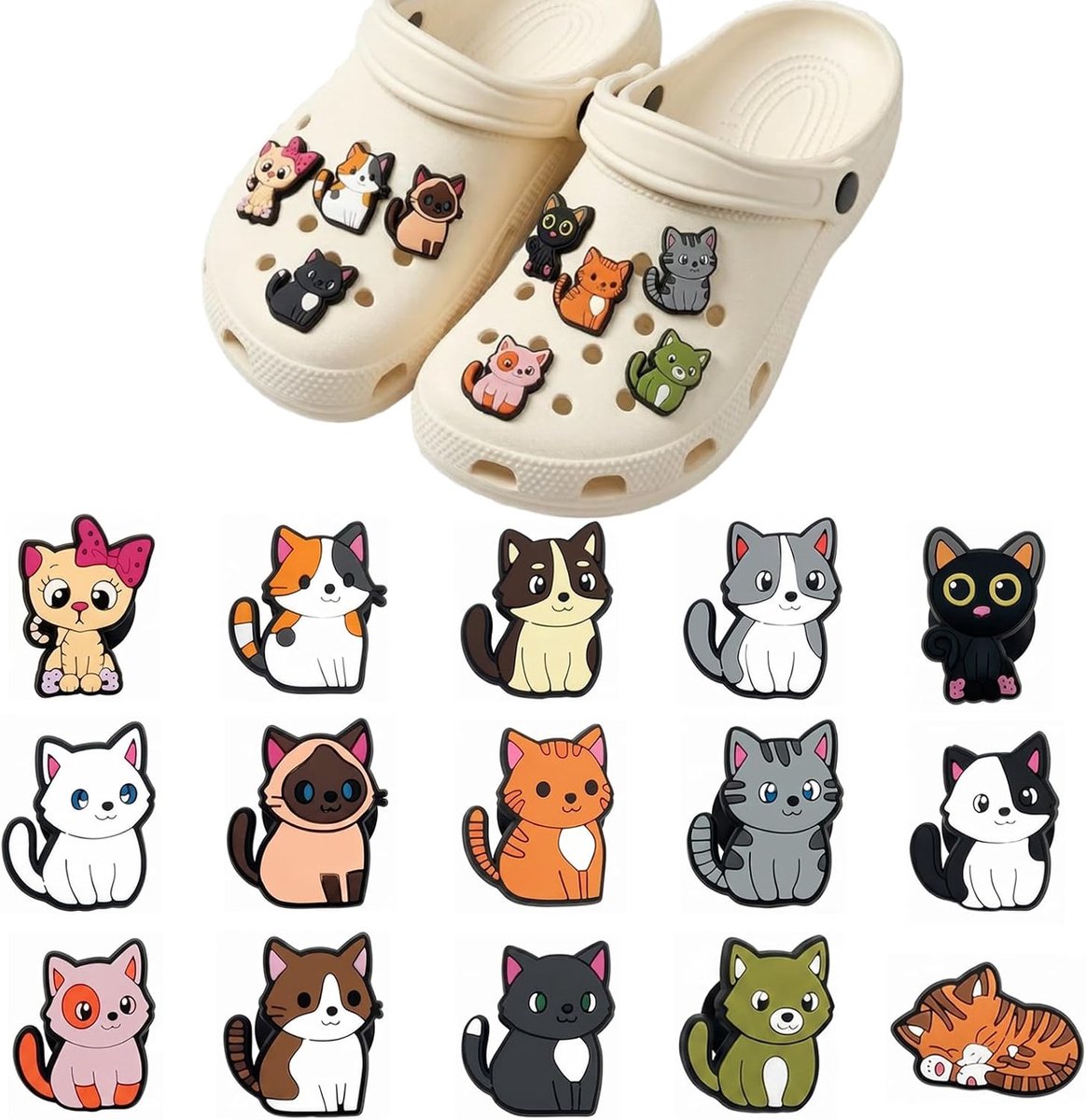 Bedels voor kinderen, meisjes, schattige kattenschoenbedels, set van 15 stuks, Kawaii PVC schoenversieringen, pinnen voor klompen, sandalen, armbanden, doe-het-zelf schoenaccessoires