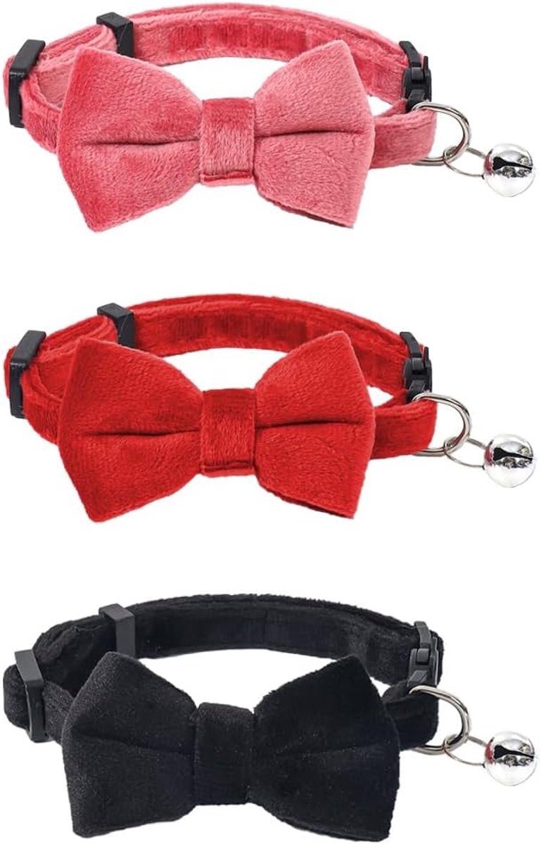 3 stuks fluwelen strikkraag, met bel en strikje, veiligheidsgesp, verstelbare maat voor kitten, puppy's, huisdieren, feestbenodigdheden, accessoires, bruiloft, verjaardag, afstuderen (3 kleuren