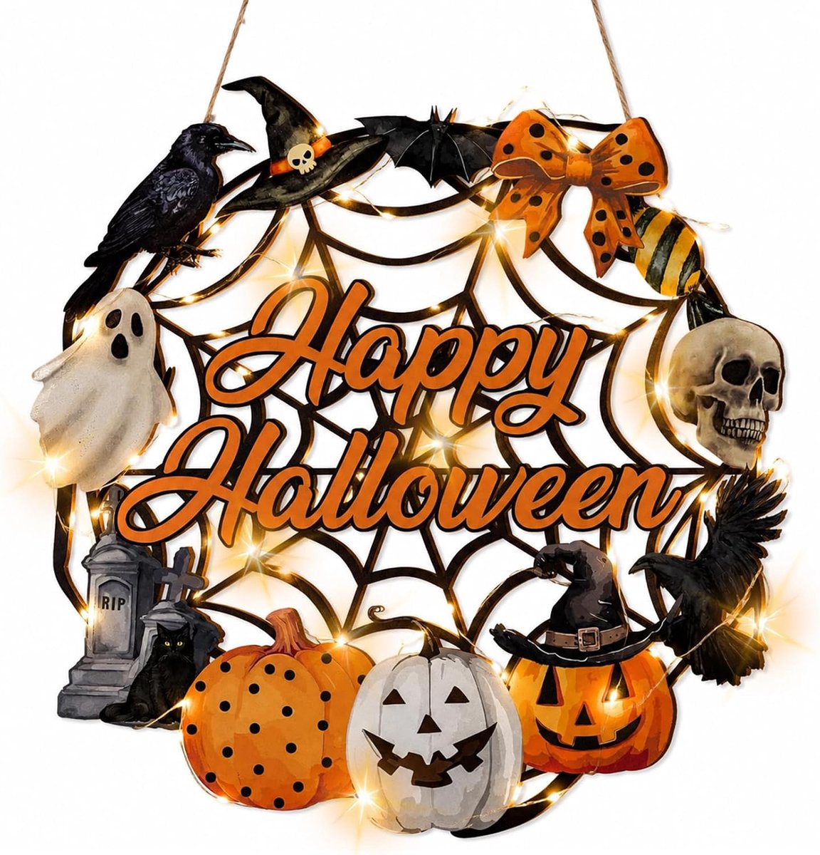 Deurkrans, Halloween-decoratie huisdeur, deurdecoratie, deurkrans met ledverlichting, 29 cm deurbord van hout, Happy Halloween-bord met spinnennet, pompoen, geest en kraai voor huisdeur