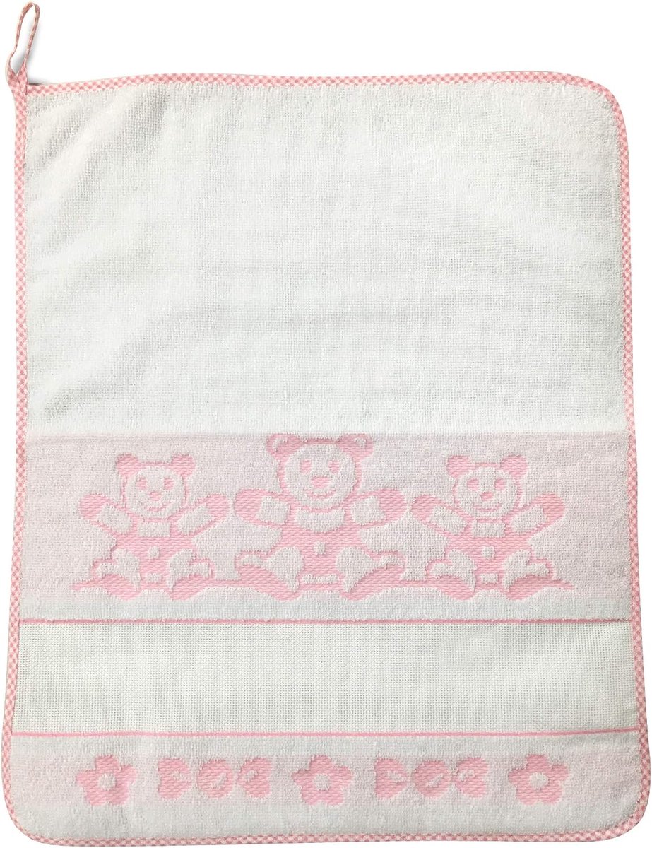 Badstof van 100% katoen voor kinderen/met oogje, bont geruit rand en Aida om de eigen naam op te strijken Asciugamano Orsetti Rosa