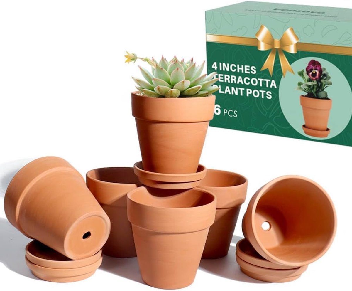 4 Inch Terra Cotta Potten met Schotel - 6 Pack Klei Bloempotten met Afvoer, Geweldig voor Planten, Ambachten, Bruiloft Gunst (4 inch)