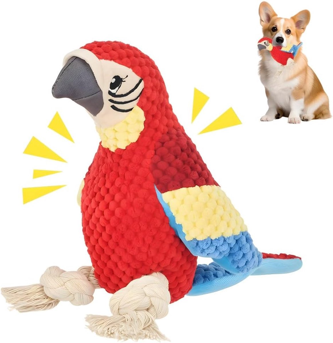 Piepend hondenspeelgoed, papegaai zacht pluche touw hondenspeelgoed met piepende en kreukstaart en touwvoeten voor verveling, kleine tot middelgrote huisdieren tandjes kauwen