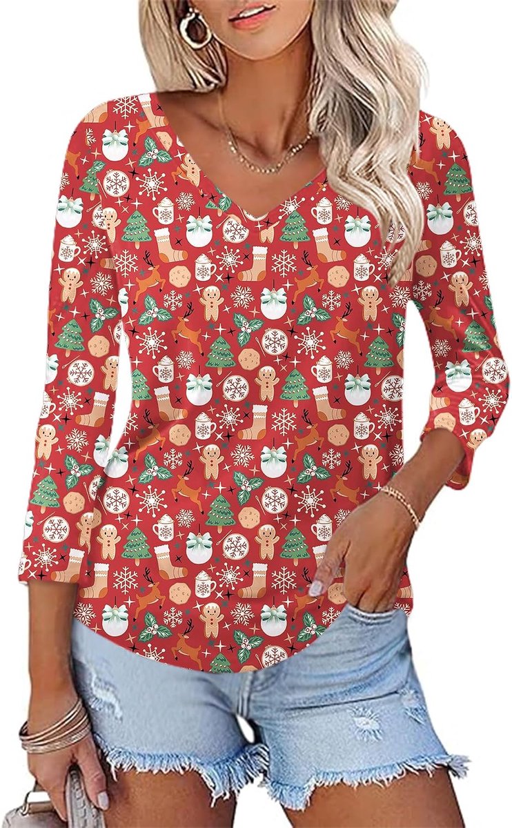 Tops voor dames 3/4 mouwen elegante V-hals bloemen tops zomer 2026 casual blouses