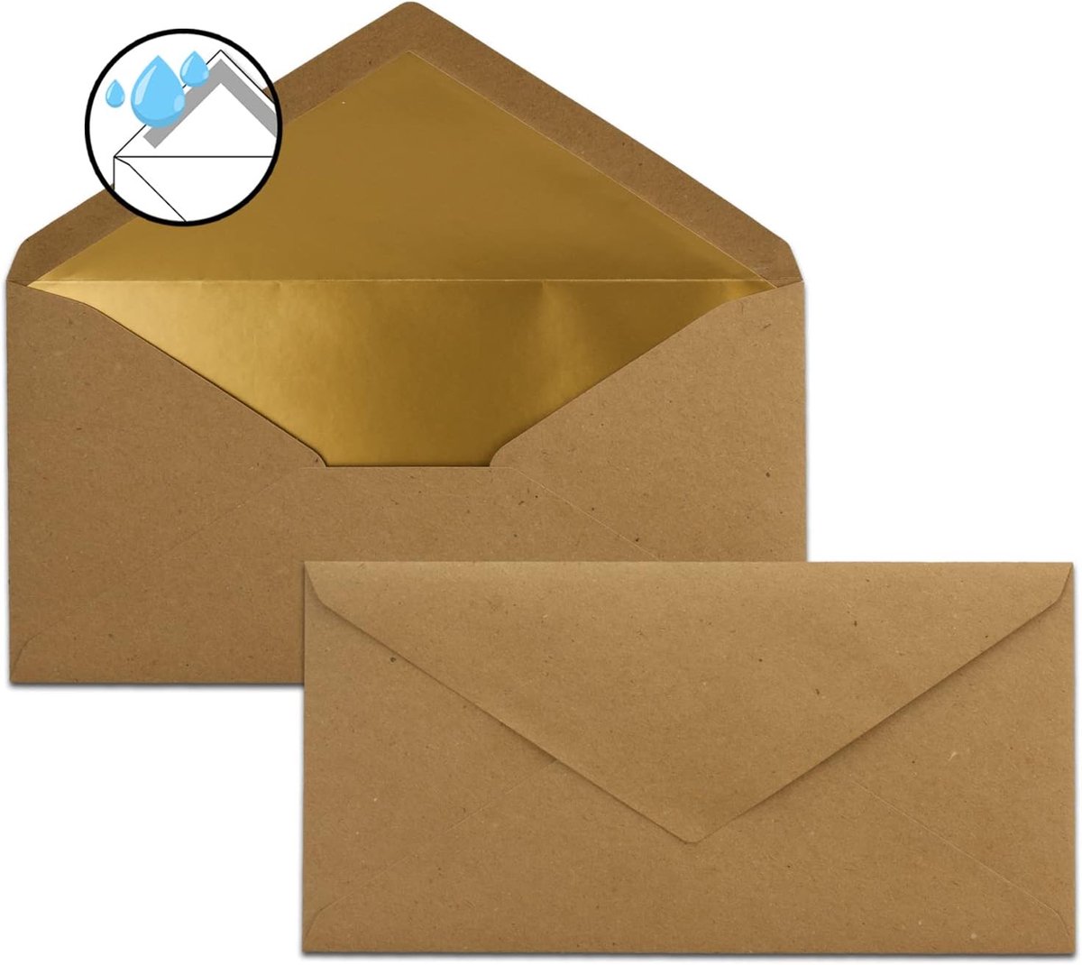 15 enveloppen DIN lang - vintage enveloppen met goud-metallic binnenvoering - 110 x 220 mm - nat lijmen - feestelijke enveloppen voor uitnodigingen