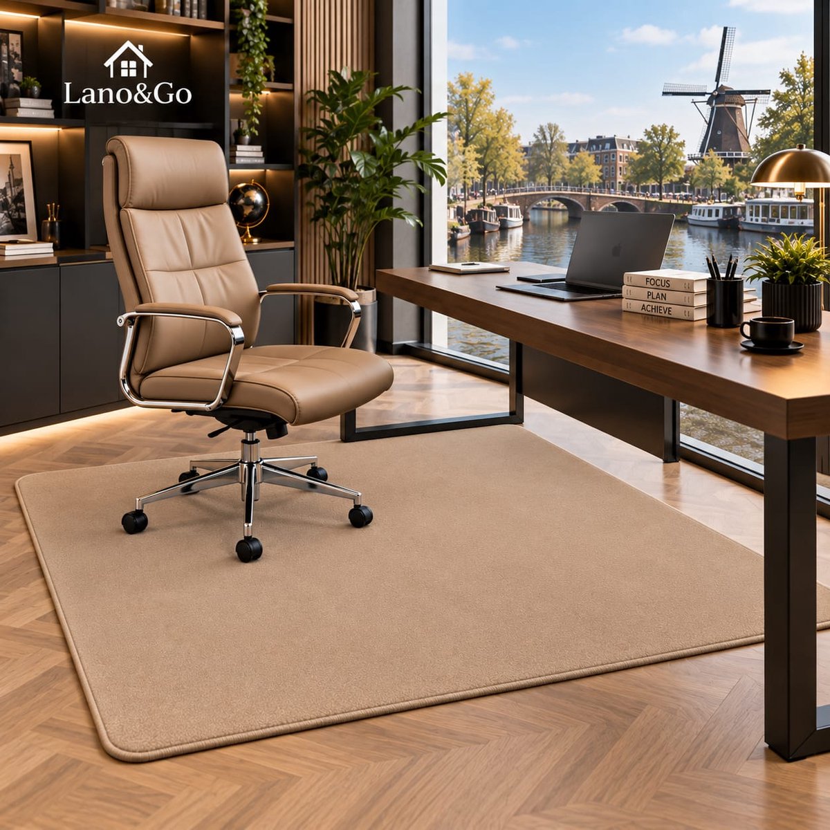 Lano&Go Bureaustoelmat 90x120 cm Camel - Antislip Stoelmat voor Kantoor en Gaming Stoel