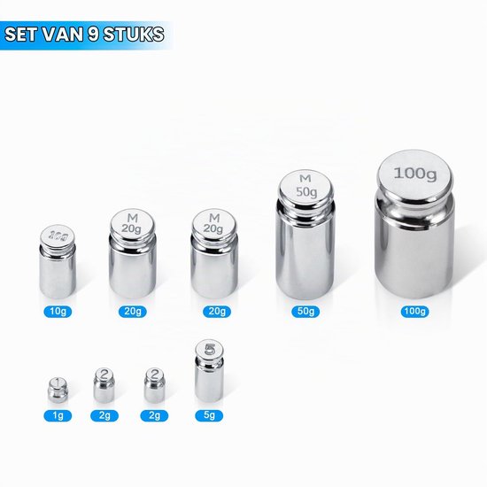 Gewicht 210 g, 9 STKS Roestvrij Staal Schaal Kalibratie Gewicht Kit, 1g 2g 5g 10g 20g 50g 100g Kalibratie met Opbergdoos, Pincet — afbeelding 2