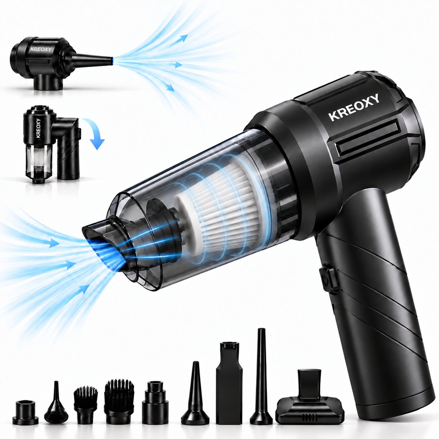 Kreoxy Kruimeldief Snoerloos – Handstofzuiger – Auto Stofzuiger – Sterke Zuigkracht – Air Duster – 9 Opzetstukken