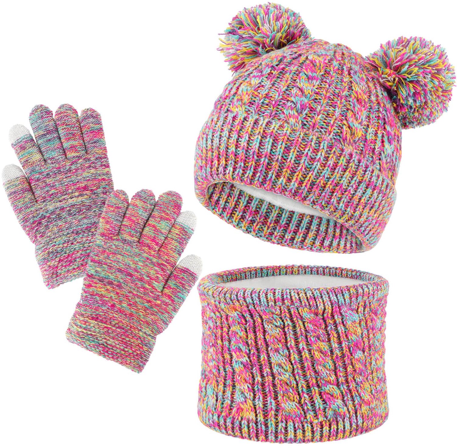 Winterset Kinderen 3-delig - Wintermuts met Pompon, Nekwarmer en Handschoenen - Gebreid Kabelpatroon - Warm en Winddicht - Zachte Fleecevoering - Voor Kinderen van 3-12 Jaar
