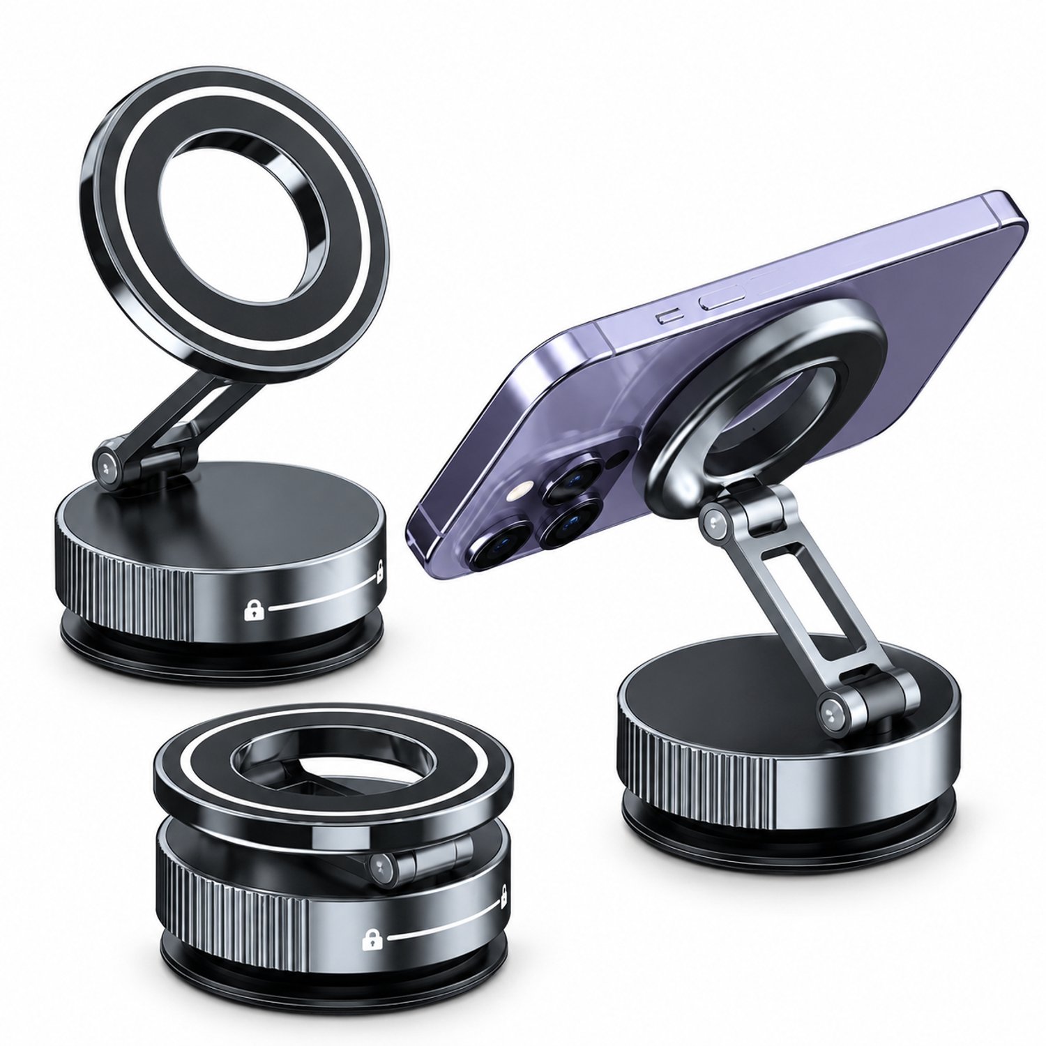 Telefoonhouders auto: magnetische autotelefoonhouder met zuignapvoet en scharnierende metalen arm, zwart