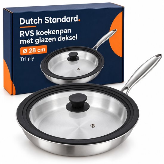 RVS koekenpan met glazen deksel voor Dutch Standard 28 cm pan, afgebeeld met productverpakking op de achtergrond.