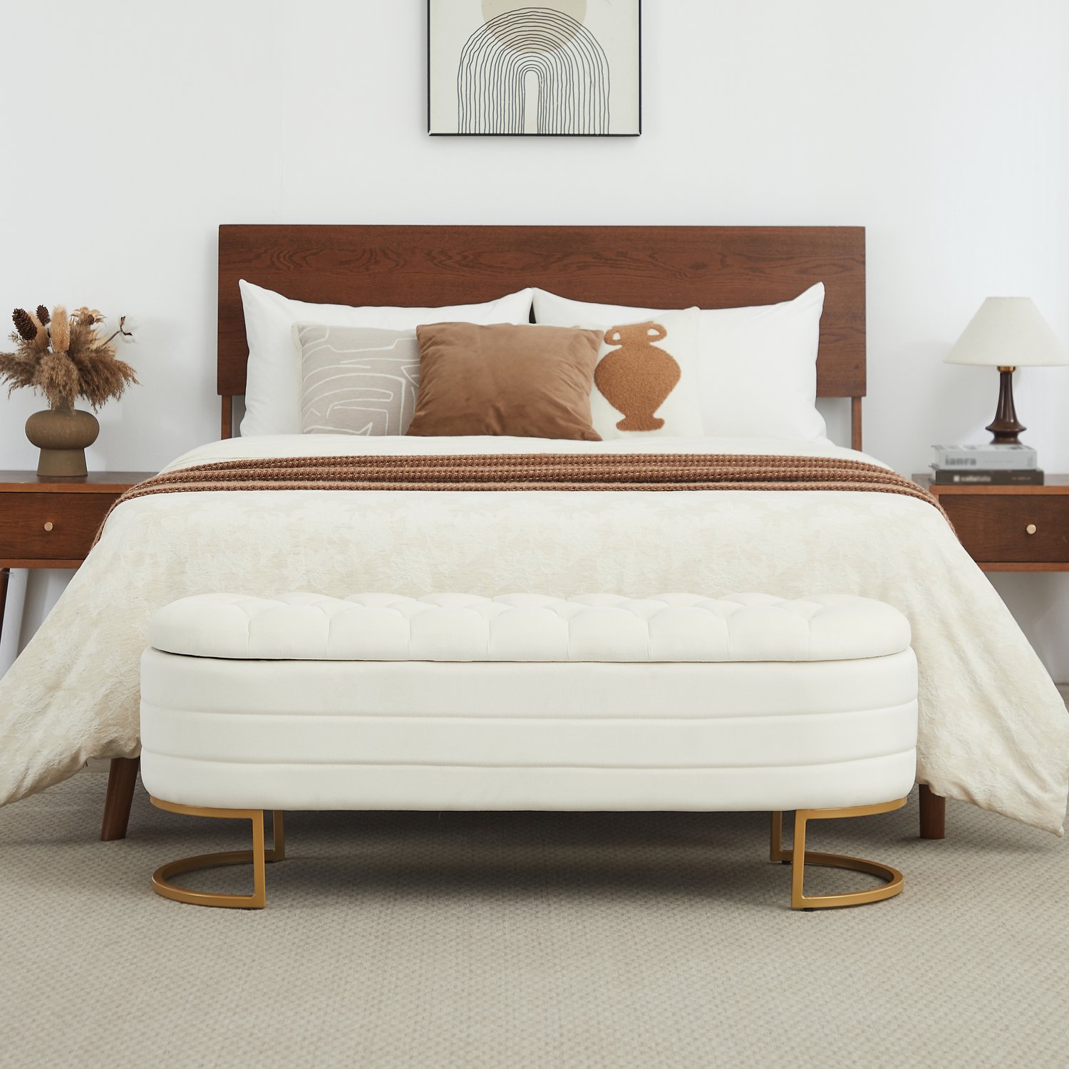 MUVANO Opbergbank - bedbank met opbergruimte - beige fluwelen opbergbank - Chesterfieldstijl - 120 x 40 x 45 cm - slaapkamer en woonkamer