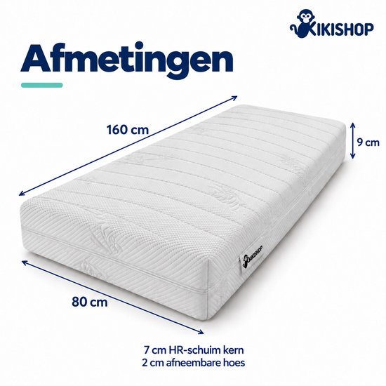 Matrasafmetingen: 160x80x9 cm, met 7 cm HR-schuimkern en 2 cm hoes.