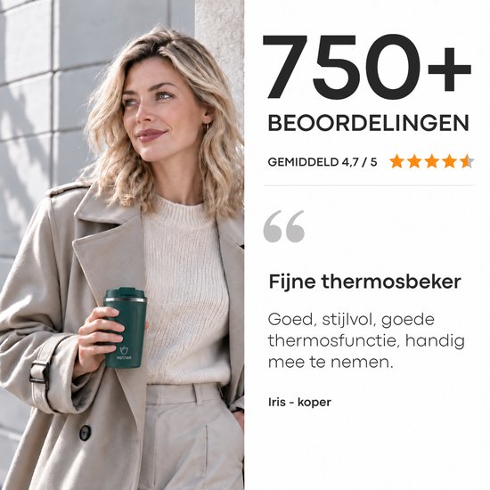 Femme en manteau beige tenant une tasse isotherme Vatten vert foncé. Texte : 750+ avis avec une note de 4,7/5.