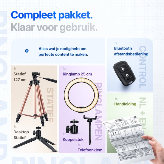 Studio ME ringlamp set met rosegouden statief, 25cm ringlamp, bluetooth afstandsbediening, klem en handleiding.
