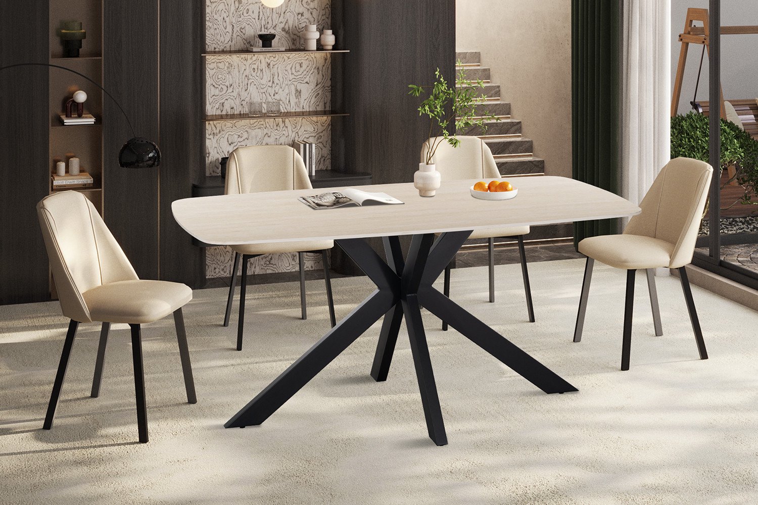 Rousseau Apollo Eettafel – 160 x 90 cm – Deens Ovaal – Mat Beige Stenen Blad met Travertinlook – Zwarte Matrixpoot
