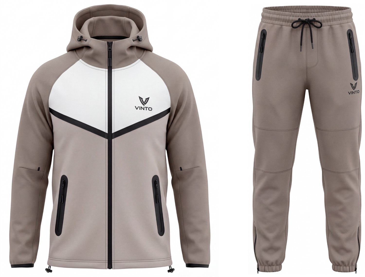Vinto® Trainingspak Heren - Joggingpak - Sportkleding - Met Capuchon - Ritszakken - Bruin/Wit - Maat XL