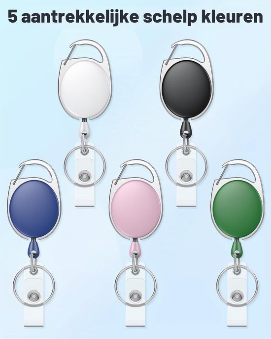 5 Stuks Retractable Badge Reels voor ID Kaarthouder - Stevige Sleutelhanger met Kleurige ABS Behuizing, RVS Veer en 60 cm Nylon Carabiner - Perfect voor Werk en Evenementen — afbeelding 2
