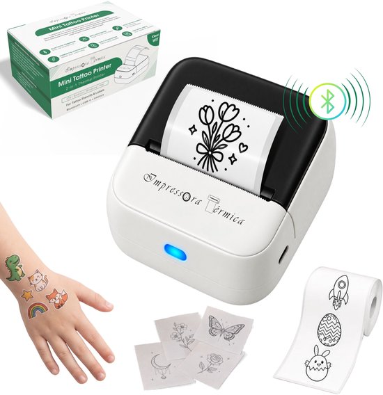 Witte Impressora Térmica mini-printer met bloemendesign, bluetooth-icoon en diverse afgedrukte tatoeagestickers.