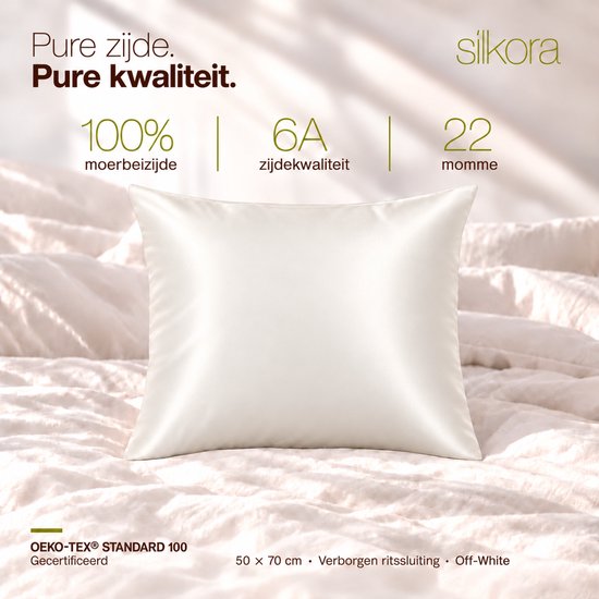 Silkora Premium Silk Pillowcase - 50x70 cm - 22 Momme 100% Moerbei Zijden Kussensloop Met Verborgen Rits - Anti-rimpel, Verkoelende, Anti-pluis - Off-White — cadeau in Wonen & Interieur - foto 4