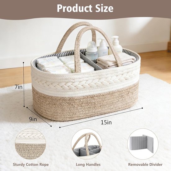 Kraammand - Baby Luierorganizer - Met meerdere vakken - Babyshower Kraamcadeau voor Meisje of Jongen - Praktische Katoenen Touw Mand 38 x 25 x 17 cm — afbeelding 5