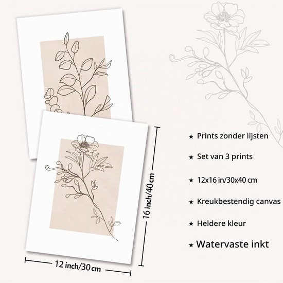 Beige Botanische Wanddecoratie Poster Abstract Minimalistische Bloem Muur Poster voor Slaapkamer Woonkamer Decor 12x16 in Niet Ingelijst Set van 3 — cadeau in Wonen & Interieur - foto 8
