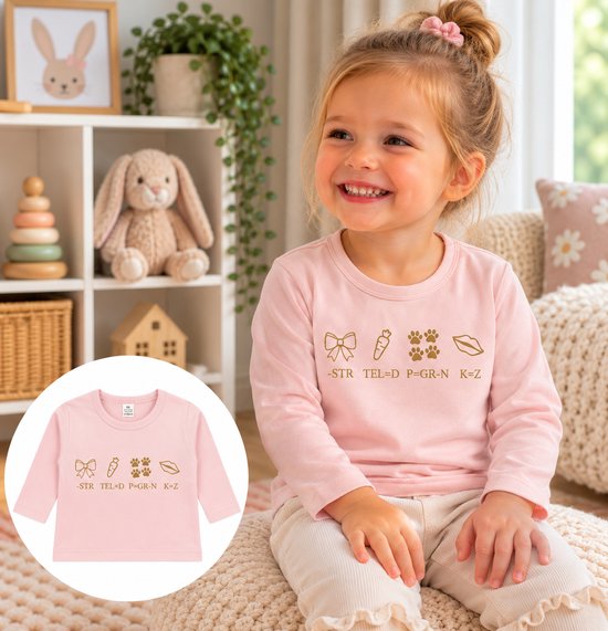 T-shirt rose à manches longues avec motifs dorés et texte 'BIG SISTER', porté par une petite fille souriante.