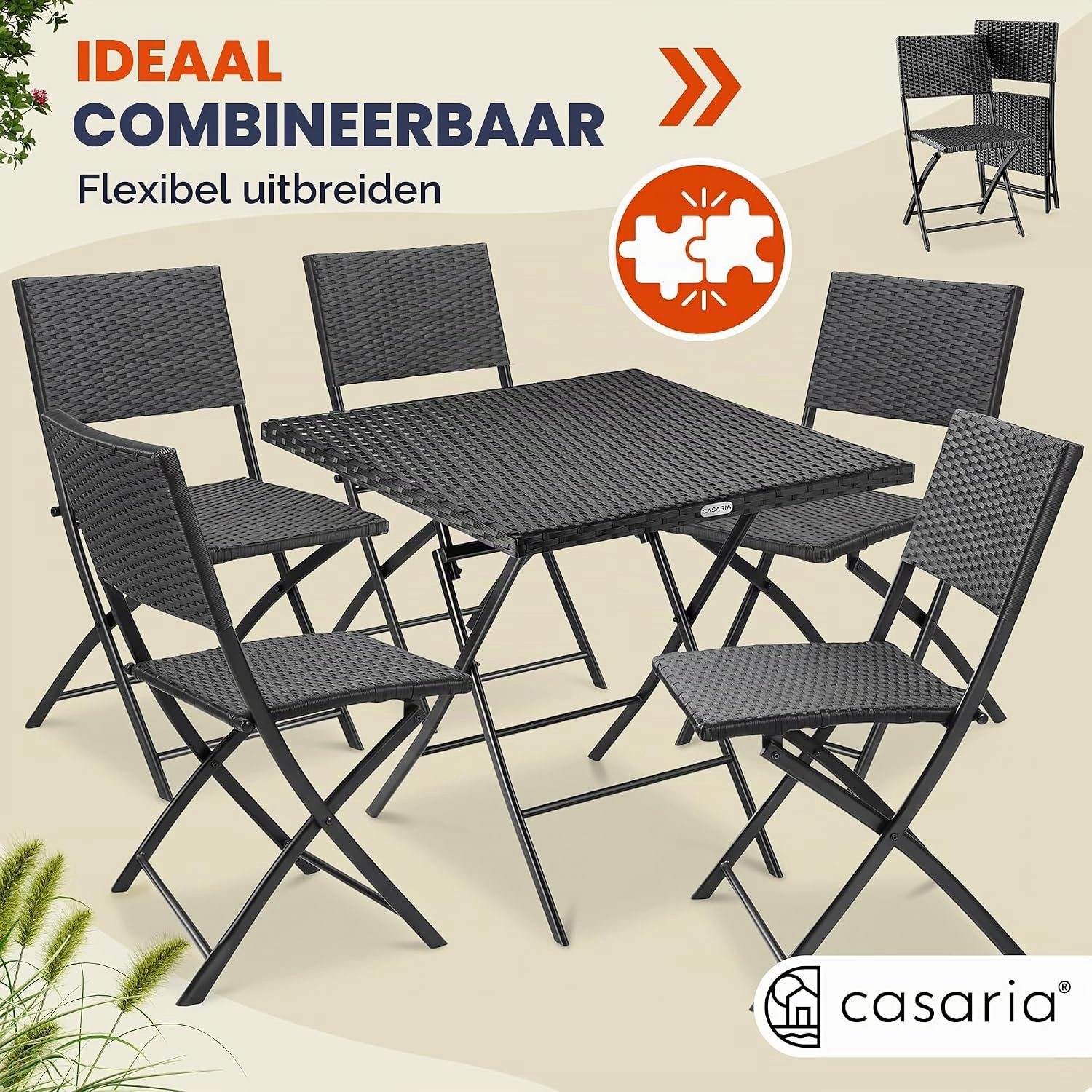 Opvouwbare Polyrotan Tuinstoelen Set van 4 – Zwarte Weerbestendige Balkonstoelen met Gepoedercoat Stalen Frame, Ruimtebesparende Klapstoelen voor Tuin, Terras en Camping