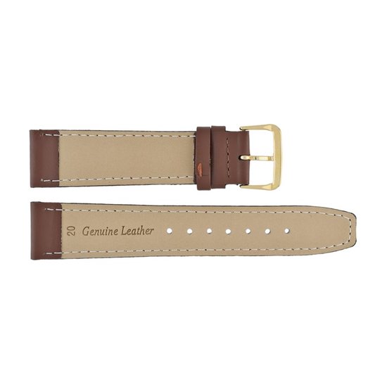 Bruine lederen horlogeband, achterkant met 'Genuine Leather' en '20' markering, goudkleurige gesp.