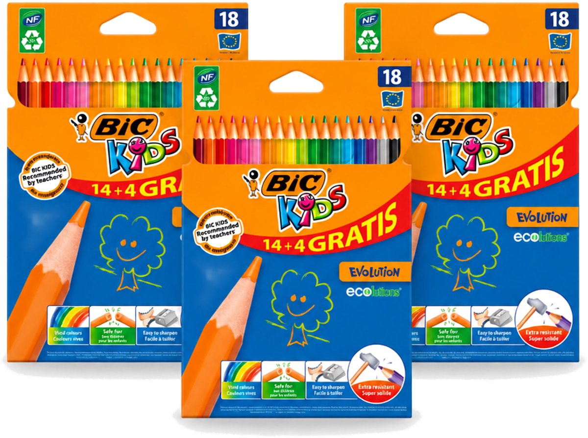 3 x Bic Kids - Kleurpotloden - Diverse Kleuren - Eco - Evolution - 18 Potloden - Voordeelverpakking - 3 stuks