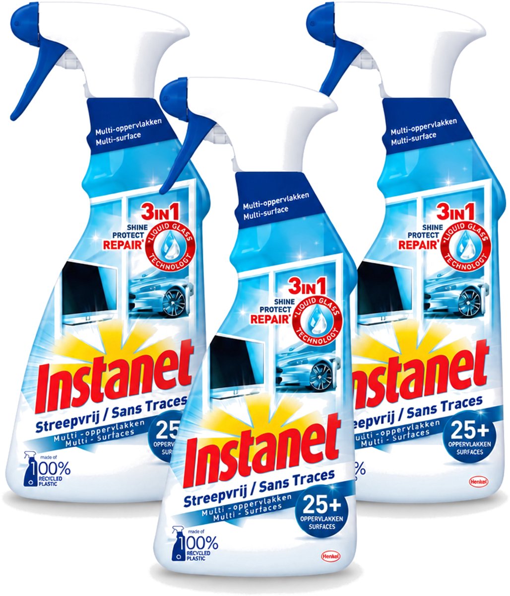 3 x Instanet - Schoonmaakspray - Streepvrij - 3 in 1 - Multi-Oppervlakken - 725 ml - Bulkverpakking - 3 stuks