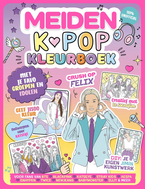 De cover van het "MEIDEN K-POP KLEURBOEK" met Felix centraal, K-pop groepen en idolen.