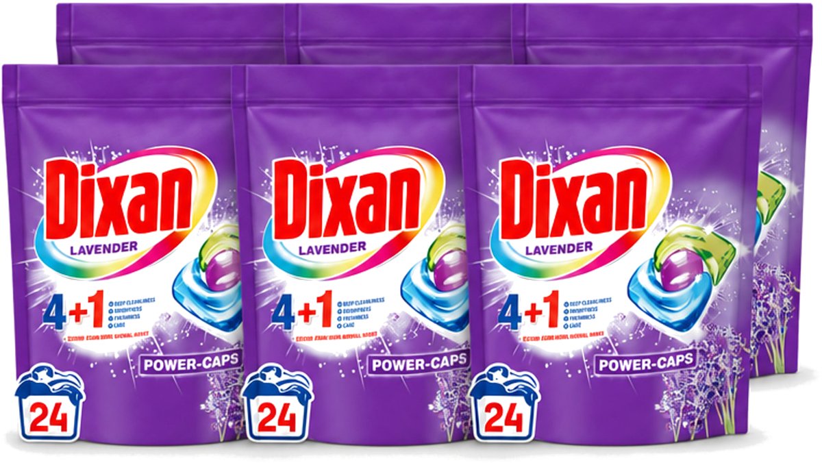 6 x Dixan Power Caps - Wasmiddelcapsules en Vlekverwijderaar - Extreme Power - Gekleurde Was - Lavendel - 24 Wasbeurten - Voordeelverpakking - 6 stuks