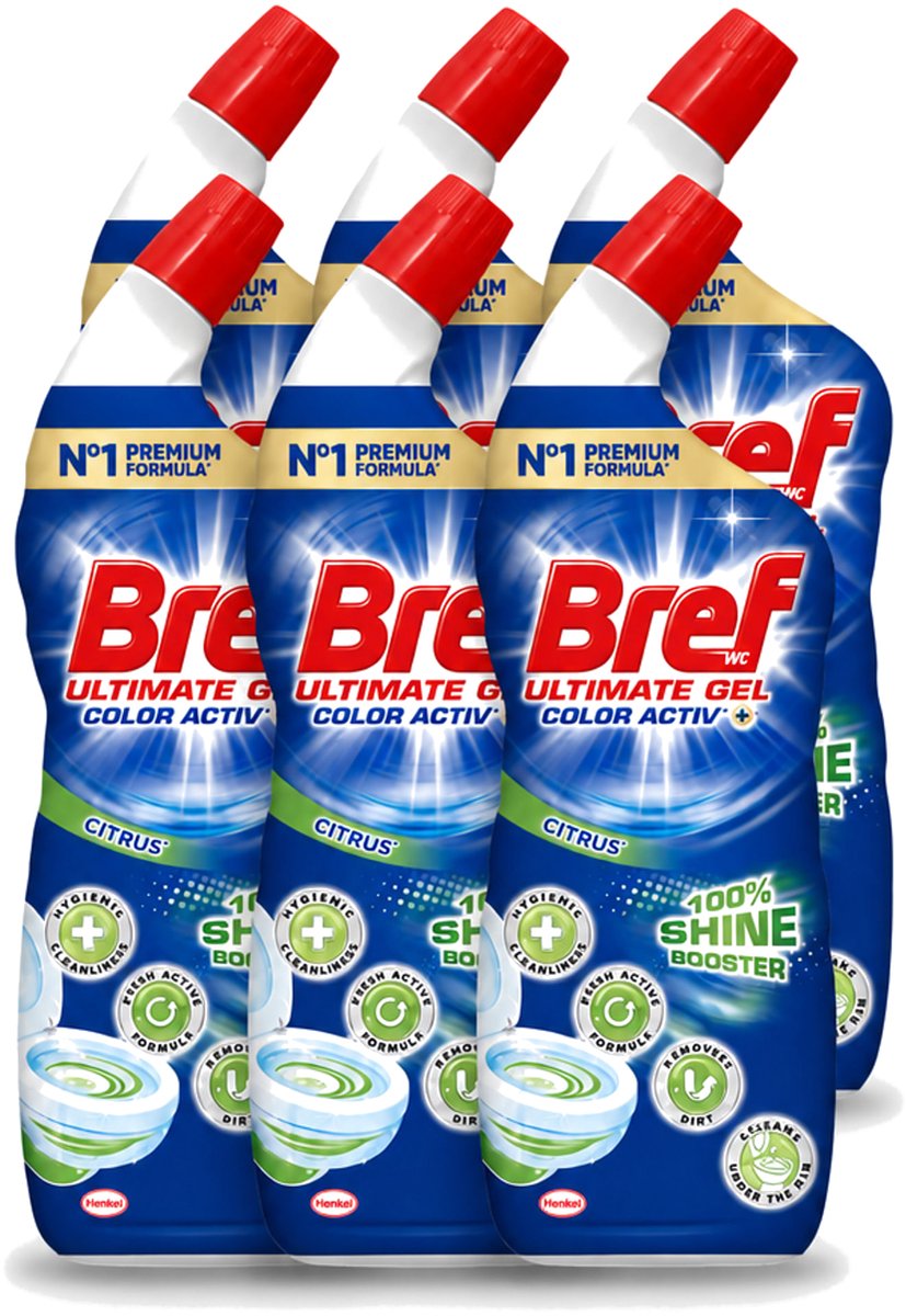 6 x Bref WC - Ultimate Gel Color Activ+ - Toiletreiniger - Citrus - 700 ml - Voordeelverpakking - 6 stuks